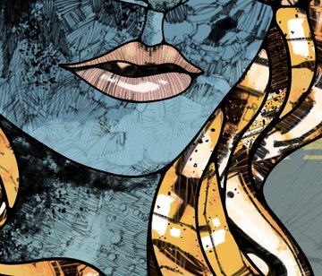 A stylized comic book illustration focusing on a character's lips and the lower part of their masked face, rendered in blue, black, and orange tones.