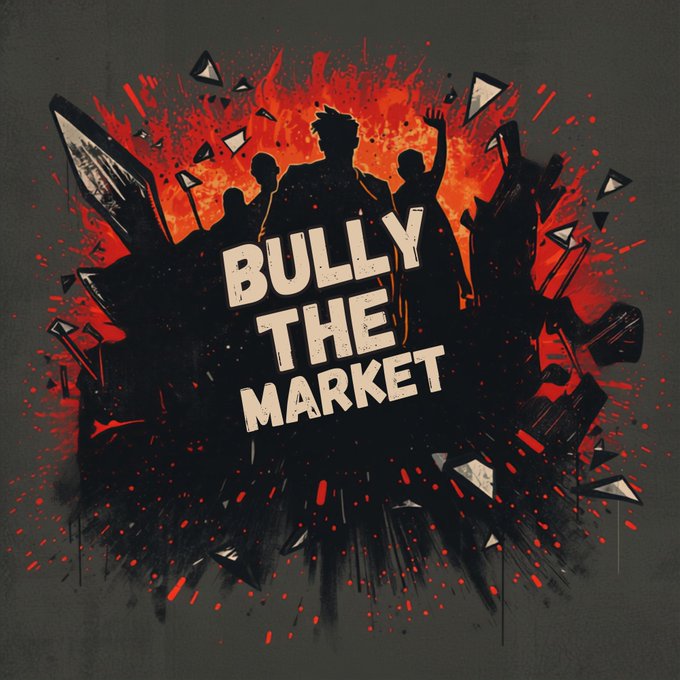 A graphic design featuring silhouetted figures emerging from a red and black splash with the bold text 'BULLY THE MARKET.'