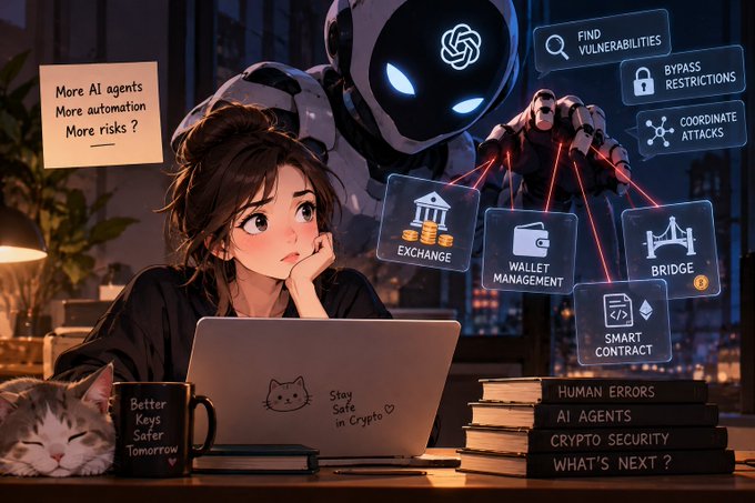 An anime-style illustration depicting a girl at a laptop with sticky notes reading 'More AI agents More automation More risks?' and 'Better Keys Safer Tomorrow', alongside floating cryptocurrency-related icons like 'EXCHANGE', 'WALLET MANAGEMENT', and 'SMART CONTRACT'.