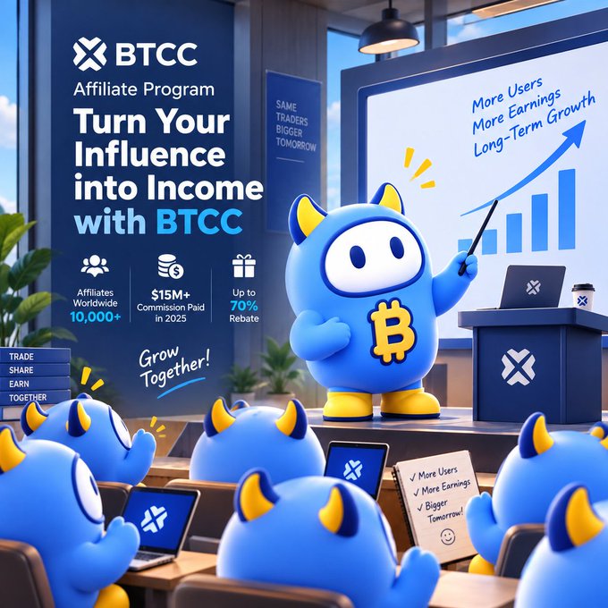 A BTCC Affiliate Program advertisement featuring a blue mascot character with a Bitcoin symbol, promoting "Turn Your Influence into Income" with up to 70% rebate.