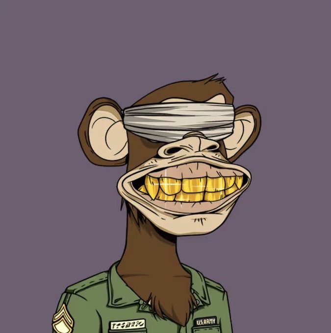 A digital illustration of a Bored Ape-style cartoon monkey with a bandage over its eyes, gold grills, and a U.S. Army uniform, set against a purple background.
