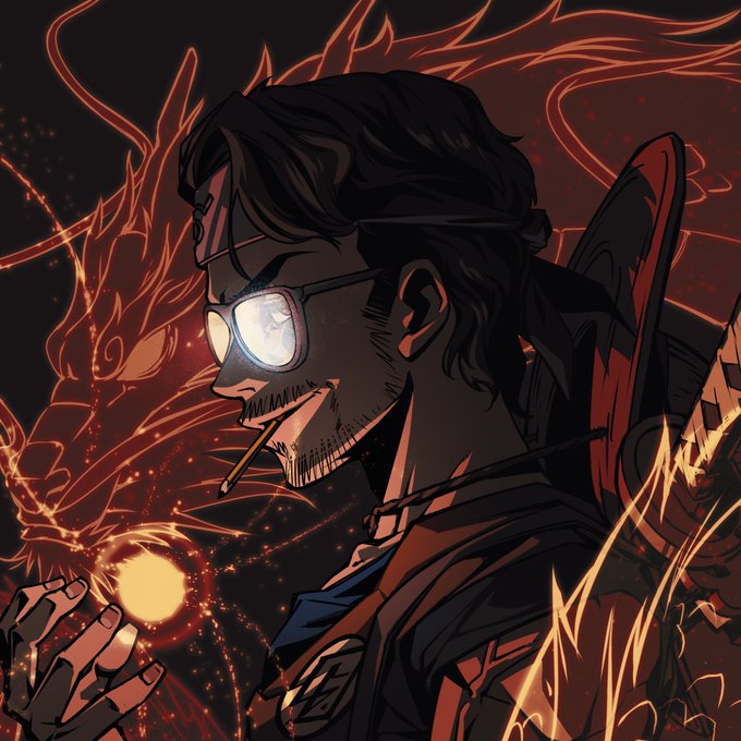 An anime-style illustration depicts a dark-haired man with glasses smoking a cigarette, holding a glowing orange orb, surrounded by fiery dragon-like imagery.