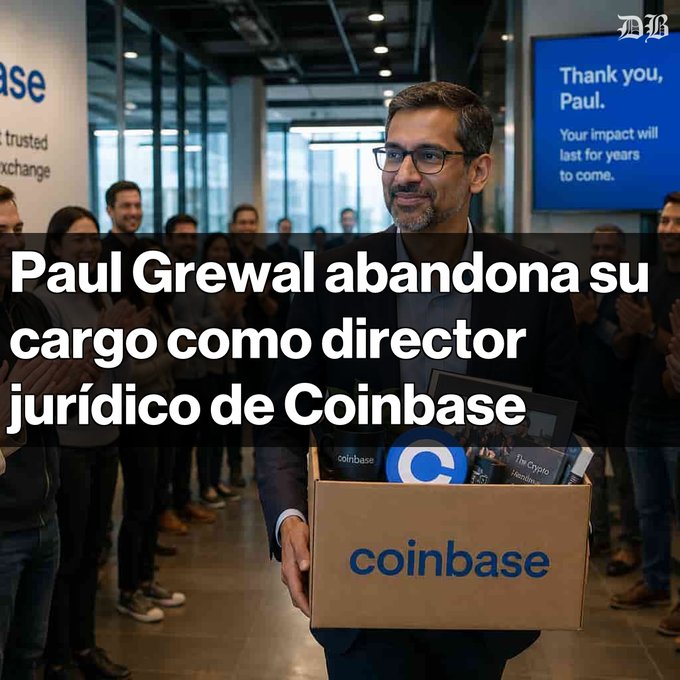 A news graphic shows a man holding a Coinbase box with the headline "Paul Grewal abandona su cargo como director jurídico de Coinbase" in Spanish.