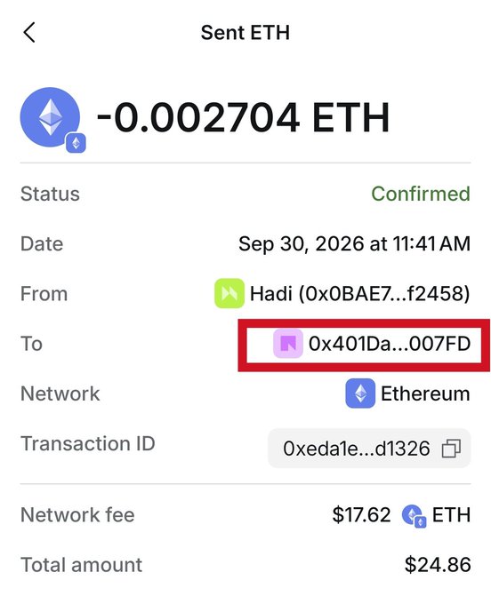 A screenshot of a confirmed Ethereum transaction sent from 'Hadi' on Sep 30, 2026, showing a total amount of $24.86 sent to address 0x401Da...007FD.