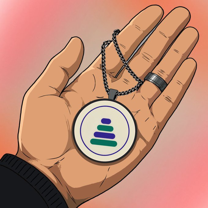 An illustration of an open hand holding a silver necklace with a round pendant displaying a stacked logo, against a pink gradient background.