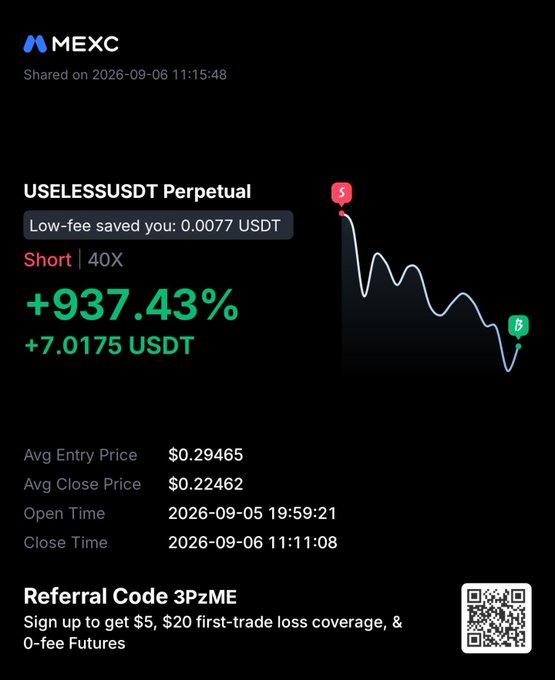 A MEXC trading screenshot showing a successful USELESSUSDT Perpetual Short position with 40X leverage, displaying +937.43% ROI (+7.0175 USDT profit), with referral code 3PzME.