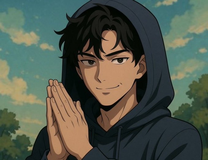 The image features a young man with dark hair wearing a hoodie, standing against a blue sky background. He has his hands clasped together in front of him as if he's greeting someone or posing for a photo. The caption below the image reads "It's that time of the day to greet my mutuals good evening I know you guys dont send me but I will still greet Here to just add $RIVER to my daily content".