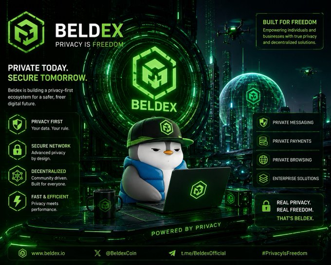 A detailed marketing graphic for "BELDEX - PRIVACY IS FREEDOM," featuring a penguin character in a green cap working on a laptop, surrounded by green futuristic graphics and text highlighting features like "PRIVATE TODAY. SECURE TOMORROW."
