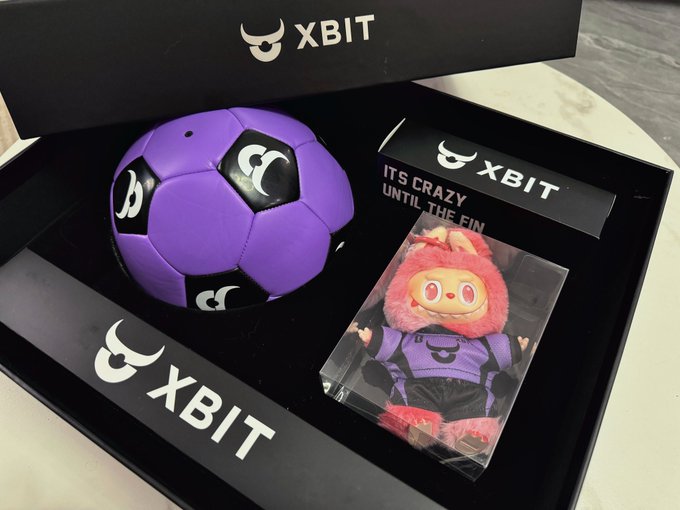 An open black gift box displays the brand 'XBIT' on the lid, containing a purple soccer ball with logo patches, a black card reading 'XBIT IT'S CRAZY UNTIL THE FIN', and a small pink-haired character figure wearing purple athletic wear.