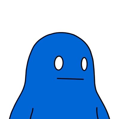A simple cartoon illustration of a blue, blob-like character with wide white eyes and a neutral expression on a white background.