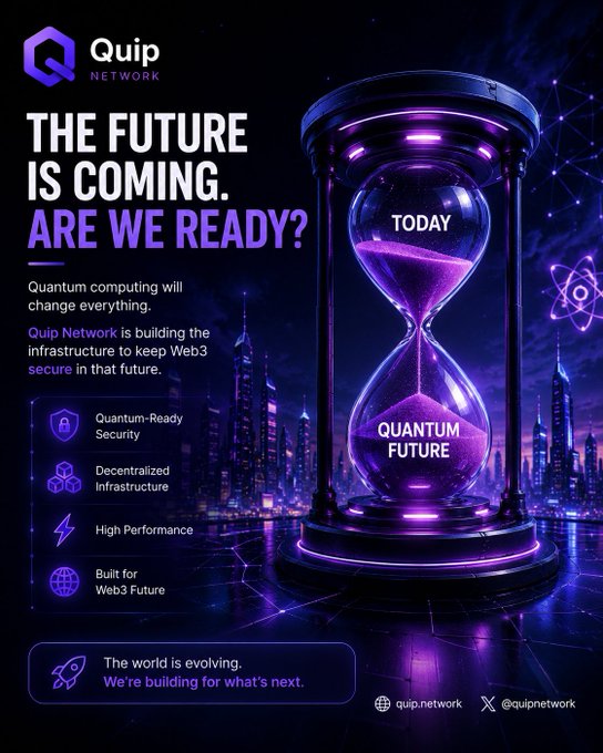 A promotional poster for Quip Network featuring a glowing purple hourglass transitioning from 'TODAY' to 'QUANTUM FUTURE' with the headline 'THE FUTURE IS COMING. ARE WE READY?' and features like Quantum-Ready Security, Decentralized Infrastructure, High Performance, and Built for Web3 Future (quip.network).