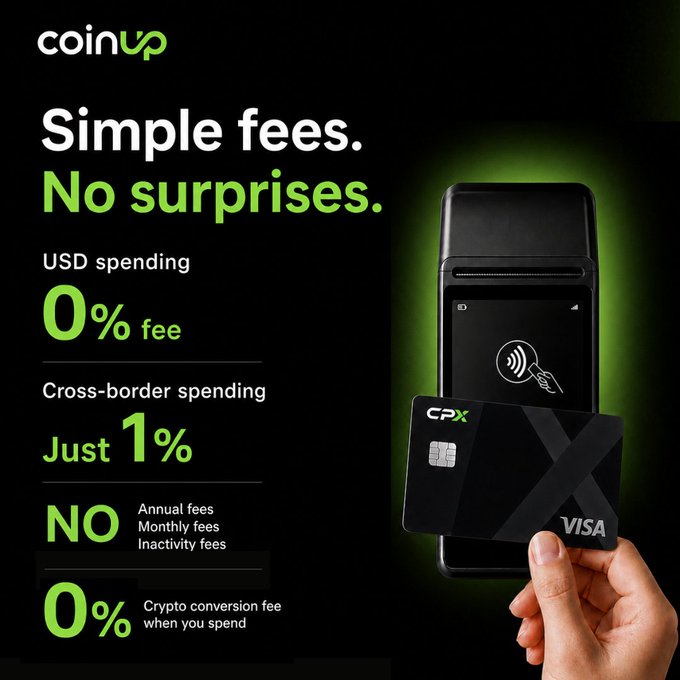 A black advertisement for the 'coinup' app promotes 'Simple fees. No surprises.' showing a hand tapping a CPX Visa credit card on a payment terminal, with listed fees including '0% fee' for USD spending and 'Just 1%' for cross-border spending.