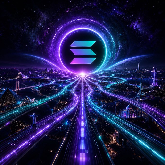 The image features a cityscape with numerous buildings, roads, and highways that lead towards a bright purple circle containing an "E" symbol at its center. The caption below the image reads "ALL ROADS LEAD TO SOLANA". This suggests that the city is designed in such a way that all roads and transportation routes converge to a central point or hub, possibly representing a futuristic urban planning concept.
