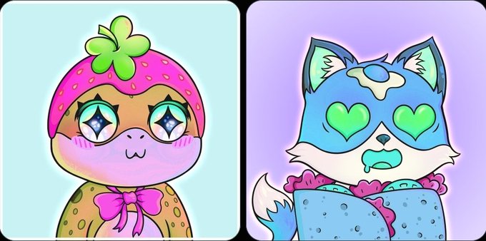 Two cute cartoon character illustrations: a strawberry-themed creature with diamond eyes on the left, and a blue wolf-like character with green heart eyes on the right.