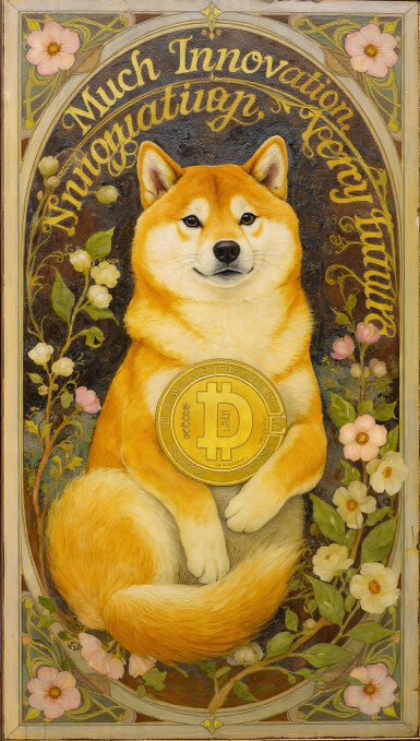 An ornate painting of a Shiba Inu dog holding a Bitcoin coin, surrounded by flowers with the text 'Much Innovation' and 'Very Innovative' curving around the border.