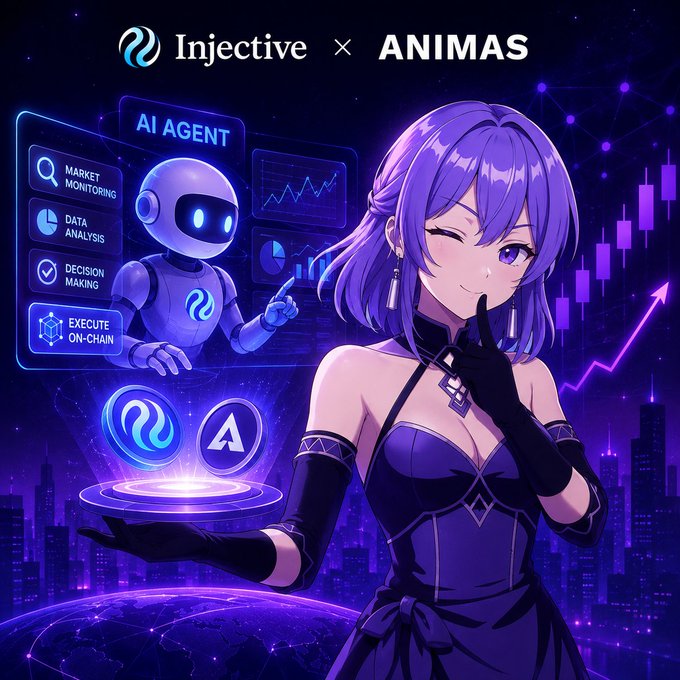 Anime-style promotional artwork for an Injective × ANIMAS collaboration, featuring a purple-haired character alongside an AI agent dashboard for market monitoring and on-chain execution.
