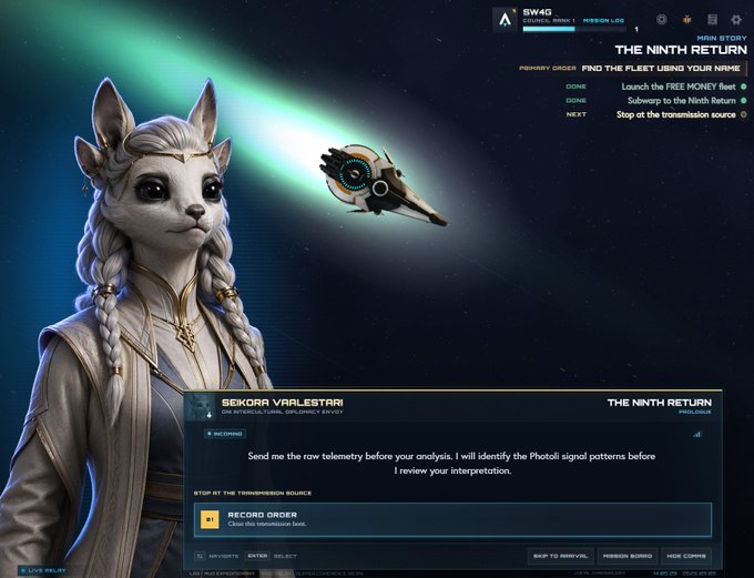 An anime-style feline character named "Sekora Vralestari," identified as a Diplomat for the Interstellar Diplomatic Envoy, speaks in a Star Atlas mission log titled "THE NINTH RETURN," instructing the player to "Send me the raw telemetry before your analysis," while a sleek spacecraft hovers in the cosmic background—illustrating the SAGE game's new single-player campaign and Diplomacy module ($POLIS) mentioned in the post.
