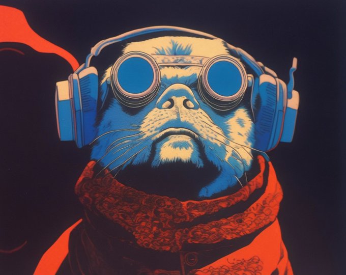 A stylized illustration of a pug wearing large round headphones/goggles, rendered in bold blue, cream, and red tones against a black background, matching the post's description of a "Retro Anime Pug #5 1/1 edition" NFT listed for 3 tez (Tezos). The artwork's retro anime aesthetic and the dog's cool, headphoned expression fit the "oldie but still dopie" vibe the post is celebrating.