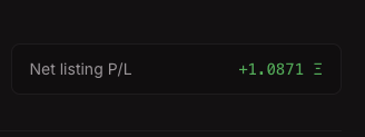 A dark interface element displaying 'Net listing P/L' of '+1.0871' in green text.