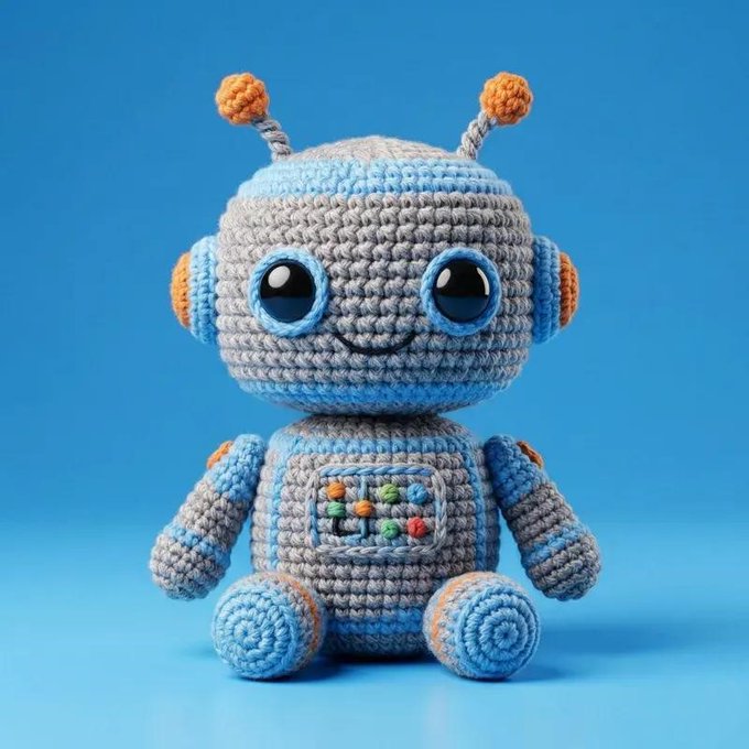 A cute crocheted amigurumi robot plush toy in gray and light blue with orange antennae and colorful buttons on its chest.
