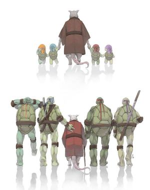 An illustration showing Master Splinter walking with four small turtles from behind, contrasted with the four teenage mutant Ninja Turtles standing together facing away from the viewer.