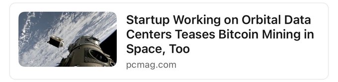 A screenshot of a pcmag.com article headline reading "Startup Working on Orbital Data Centers Teases Bitcoin Mining in Space, Too," featuring a thumbnail image of a satellite in orbit above Earth.