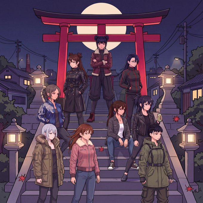 Anime-style illustration of nine female characters posed on stone steps in front of a large red torii gate, with a full moon in the night sky and traditional stone lanterns on either side.