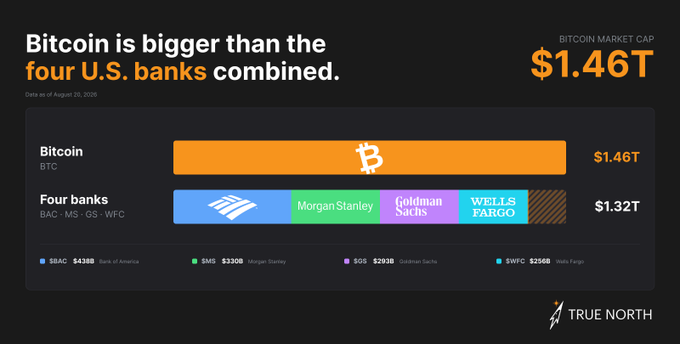 An infographic from True North titled "Bitcoin is bigger than the four U.S. banks combined" showing Bitcoin's $1.46T market cap exceeding the combined $1.32T market caps of Bank of America ($BAC, $438B), Morgan Stanley ($MS, $330B), Goldman Sachs ($GS, $293B), and Wells Fargo ($WFC, $256B), with data as of August 20, 2020. The visualization reinforces the post's claim that Bitcoin's market capitalization surpasses these four major U.S. banks by approximately $140 billion.
