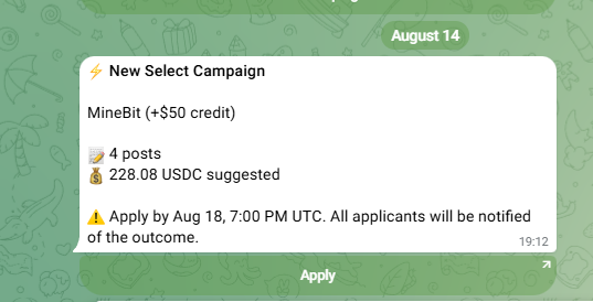 Notification card on a green patterned background announcing a 'New Select Campaign' called 'MineBit (+$50 credit)' with 4 posts and a suggested payout of 228.08 USDC.