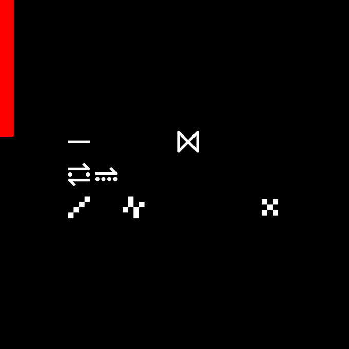 A minimalist black graphic featuring white pixelated icons including a slash, glitched lines, and a bowtie/butterfly shape.