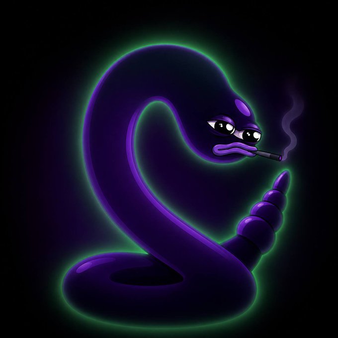 A cartoon illustration of a purple cobra with glowing green edges, smoking a cigar, resembling the popular meme character "Slippy" — fitting the post about aping into the $SLIPPY token on Robinhood.