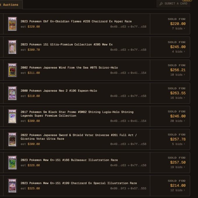 A dark-themed auction results webpage displaying several sold Pokémon cards with their sale prices, including a 2023 Charizard EX Hyper Rare sold for $220.00 and a 2023 Mew EX sold for $245.00.