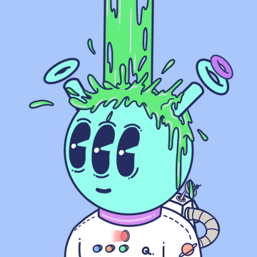 A cartoon mint-colored alien character with green liquid spraying from its head, wearing a spacesuit-like outfit with colored buttons and rings floating around it, is shown as the NFT artwork that recently sold for 1.01 ETH.