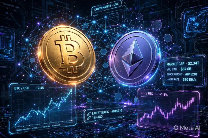 A digital illustration showing Bitcoin and Ethereum coins with market statistics, including 'BTC / USD +2.4%', 'ETH / USD +1.8%', 'Market Cap $2.34T', 'Vol 24H $87.6B', 'Block Height #845210', and 'Hash Rate 580 EH/s'.