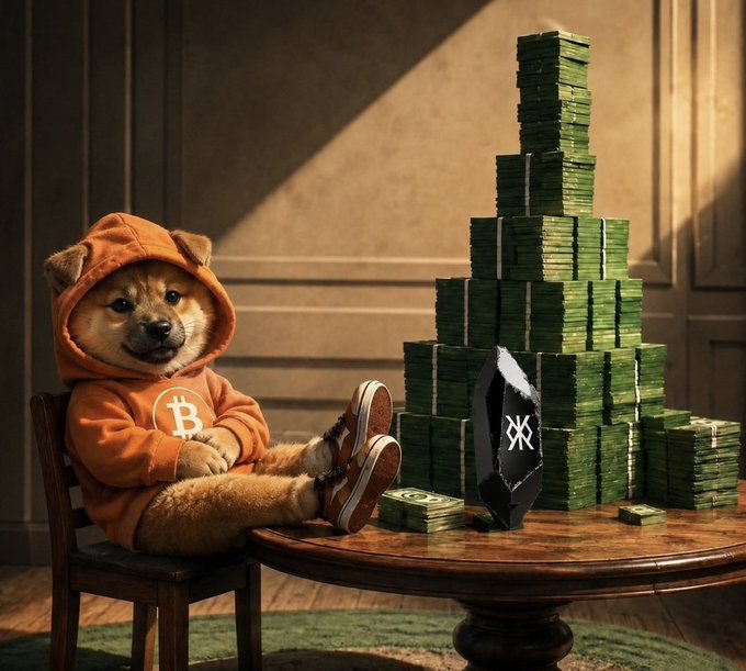 A Shiba Inu dog wearing an orange Bitcoin hoodie sits in a chair next to a large pyramid stack of dollar bills and a grey cat figurine.