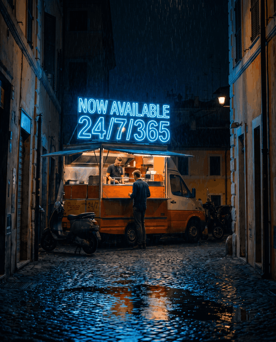 A rainy night scene shows a small food truck in a narrow alley, where a customer stands at the window while a bright neon sign above reads "NOW AVAILABLE 24/7/365." The image mirrors the post's message by visually reinforcing the concept of around-the-clock availability—showing a vendor open at all hours just as the service offers uninterrupted 24/7 trading access to tokenized U.S. stocks and ETFs.