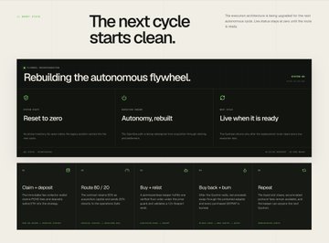 A webpage mockup displays the headline 'The next cycle starts clean' and 'Rebuilding the autonomous flywheel.'