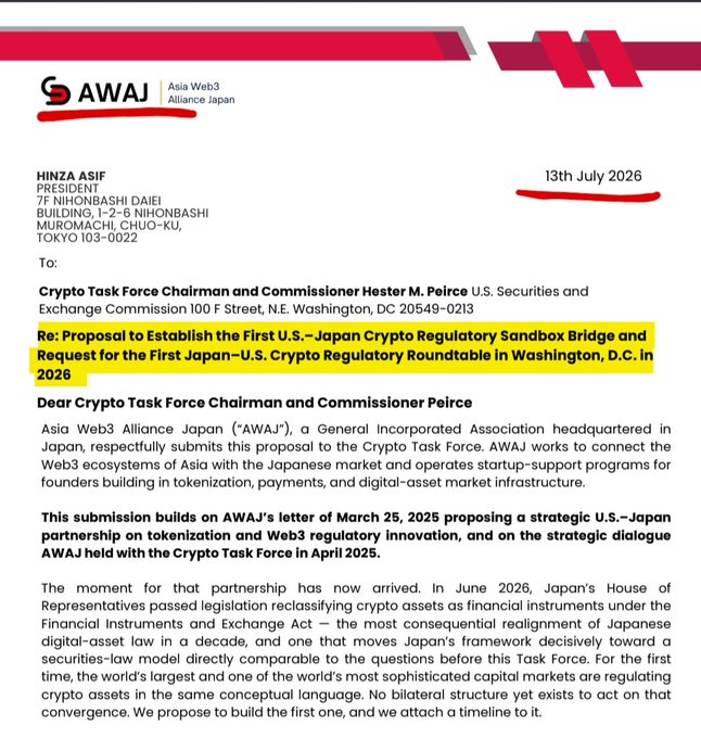 A formal letter on Asia Web3 Alliance Japan (AWAJ) letterhead dated '13th July 2026' from President Hinza Asif to Crypto Task Force Chairman Hester M. Peirce, proposing a 'U.S.-Japan Crypto Regulatory Sandbox Bridge and Request for the First Japan-U.S. Crypto Regulatory Roundtable in Washington, D.C. in 2026'.