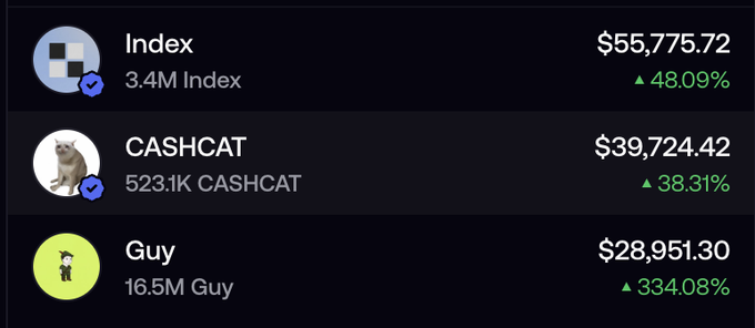 A screenshot of a Robinhood crypto portfolio displaying three assets: "Index" at $55,775.72 (+48.09%), "CASHCAT" at $39,724.42 (+38.31%), and "Guy" at $28,951.30 (+334.08%), which together total over $124,000—supporting the post's claim of a seven-figure portfolio.