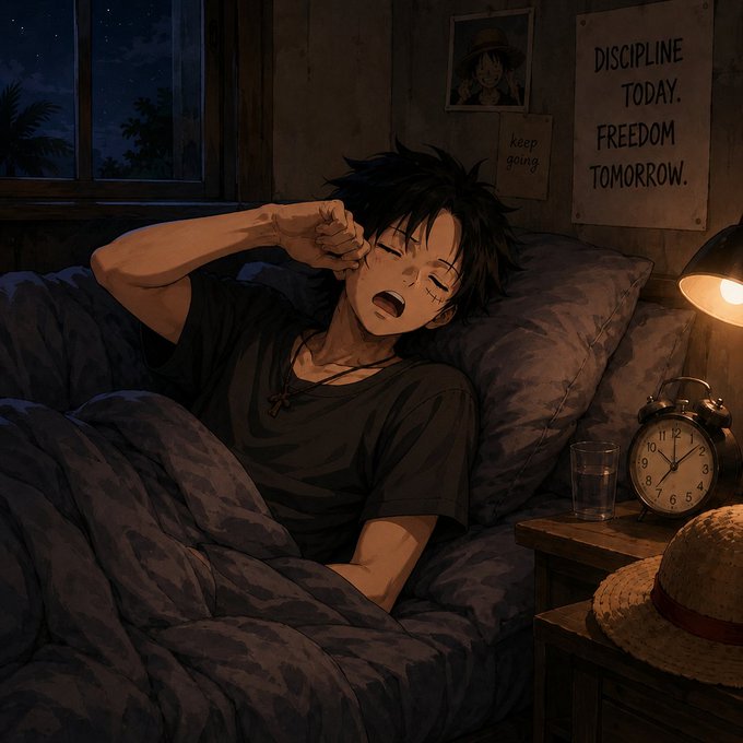 An anime-style illustration of a young man with dark hair yawning and stretching as he wakes up in bed, with a poster reading "DISCIPLINE TODAY. FREEDOM TOMORROW." on the wall beside his alarm clock.
