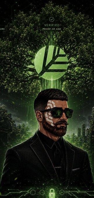 A stylized digital illustration of a bearded man wearing sunglasses with a futuristic green digital interface overlay, featuring 'VERIFIED: PROOF OF AGE' text, a logo with 'L2' or similar, and a city skyline in the background.