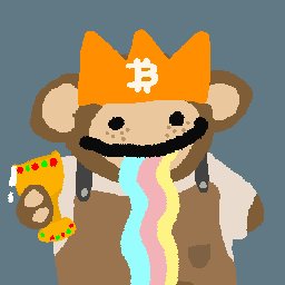 Pixel art illustration of a monkey character wearing an orange Bitcoin crown and holding a slice of pizza while vomiting a rainbow.