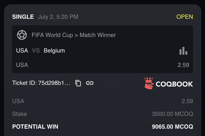 A COQBOOK betting ticket for a FIFA World Cup Match Winner between USA and Belgium shows USA at 2.59 odds with a stake of 3500.00 MCOQ and a potential win of 9065.00 MCOQ, dated July 2.
