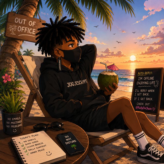 An anime-style illustration shows a person in black streetwear relaxing on a beach chair with a coconut drink, surrounded by humorous props including an 'OUT OF OFFICE' sign, a chalkboard reading 'I'M OFFLINE ENJOYING LIFE - I'LL REPLY WHEN I GET BACK', and a 'TODAY'S PLAN' checklist featuring 'NO EMAILS', 'OCEAN BREEZE', and 'INNER PEACE'.