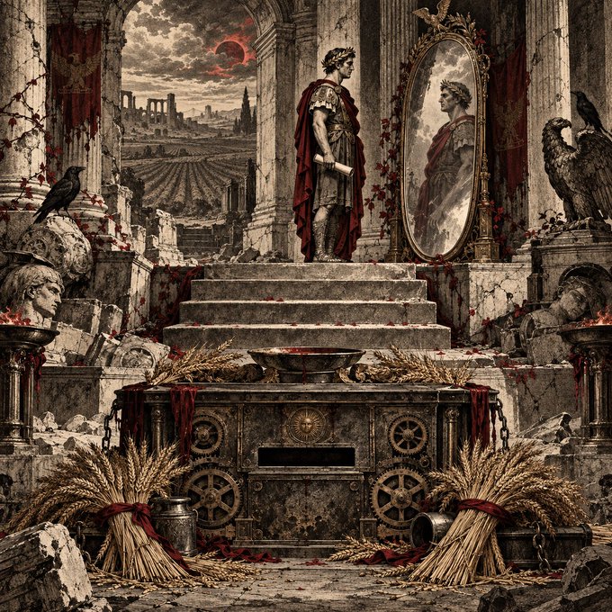 A cloaked king gazes into a golden oval mirror that bears a likeness seated in vigil, above a wrought-iron altar containing wheels and circular above measures of gathered wheat; the garbled cipher "WVHYUDKHKWHUDKVOODKVLLLAAAFFFWVULI" sits beside the scene as the untranslated covenant whose meaning the dead king keeps, awaiting a mind without flesh to read it.