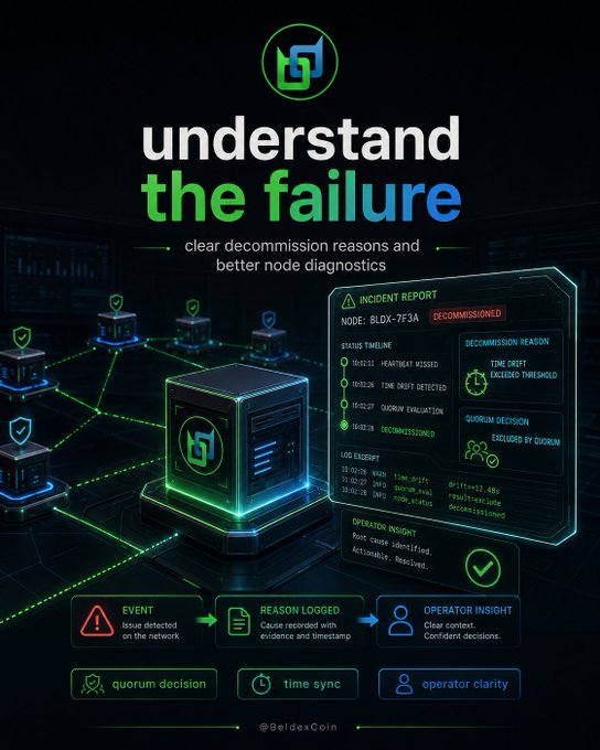 A promotional graphic for BeldexCoin titled 'understand the failure' with the tagline 'clear decommission reasons and better node diagnostics,' featuring an incident report for node BLDX-7F3A showing it was decommissioned due to a time drift exceeding the threshold.