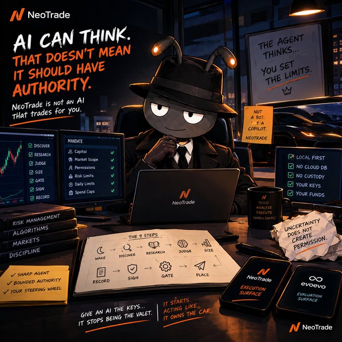 A promotional graphic for NeoTrade featuring an anthropomorphic bug in a detective hat at a laptop, with text warning "AI CAN THINK. THAT DOESN'T MEAN IT SHOULD HAVE AUTHORITY" and listing features like "SHARP AGENT," "BOUNDED AUTHORITY," and "YOUR STEERING WHEEL."