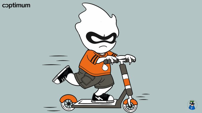 The image shows a stylized cartoon character with a white flame-like head and black mask, wearing an orange shirt and shorts, riding a scooter with "coptimum" text in the top left corner. The accompanying post about blockchain speed and data bottlenecks is fittingly illustrated by the fast-moving scooter, symbolizing the deceptive speed of execution that doesn't address the deeper issue of data synchronization and network-wide information access.