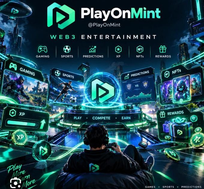 A promotional graphic for 'PlayOnMint' (@PlayOnMint) showcasing 'WEB3 ENTERTAINMENT' with categories for Gaming, Sports, Predictions, XP, NFTs, and Rewards.
