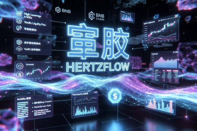A digital promotional graphic for 'HERTZFLOW' (宰股) featuring BNB Chain branding, cryptocurrency elements, trading charts, and Chinese text mentioning 'High Leverage 500x' and 'Vaults Liquidity Pool'.
